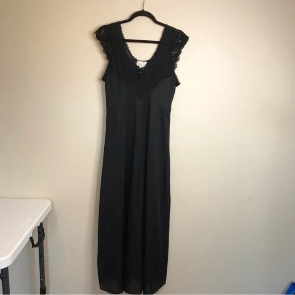 Vintage Cachet Lace Beaded Nightgown Slip Sexy Dress Black Women's Size Large - Picture 15 of 16